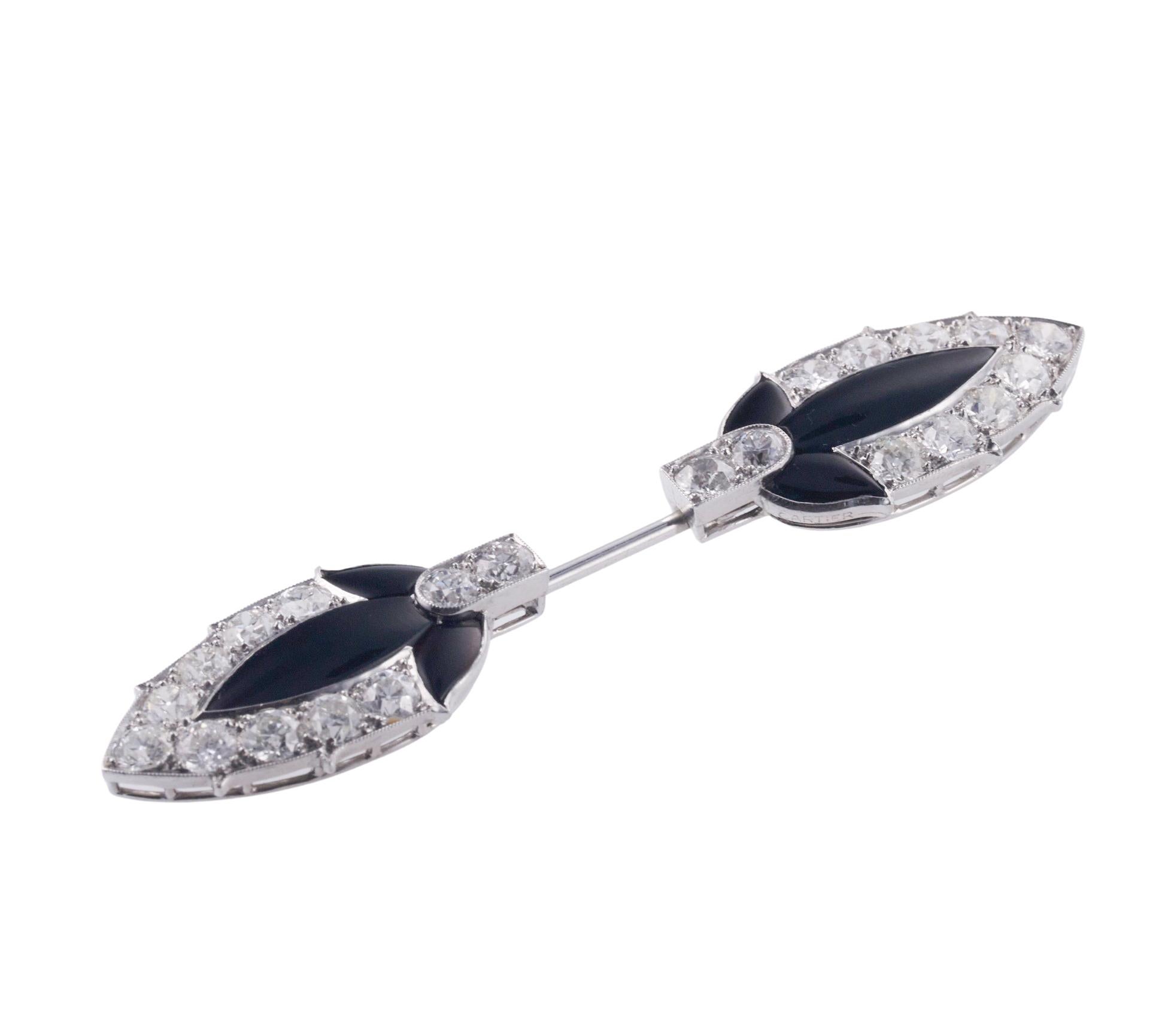 Cartier Art Deco Diamant-Onyx-Platin-Jabot-Brosche/Anstecknadel (Rundschliff) im Angebot