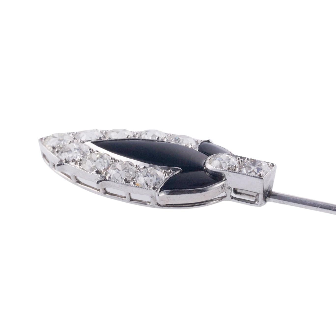 Round Cut Cartier Art Deco Diamond Onyx Platinum Jabot Brooch Pin For Sale