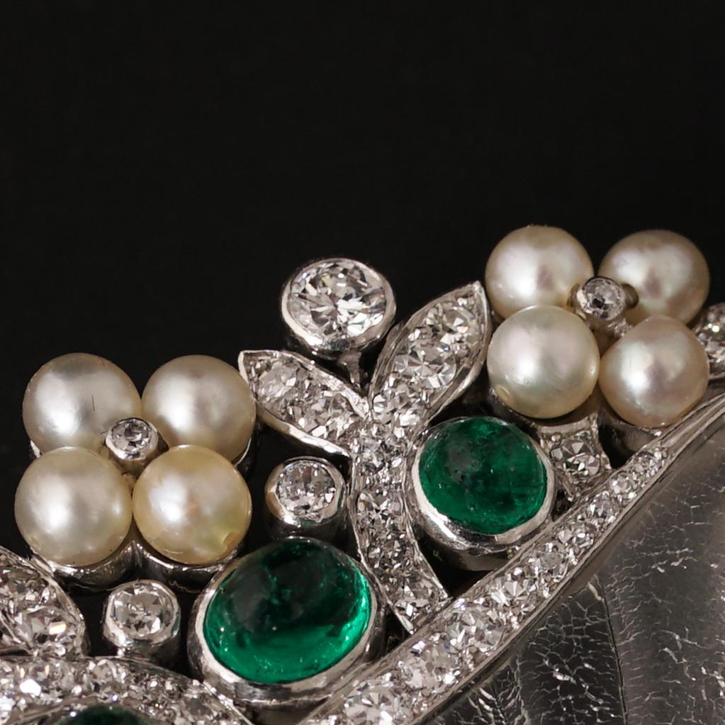 Round Cut Cartier Art Deco Emerald Diamond Natural Pearls Flower Basket Brooch