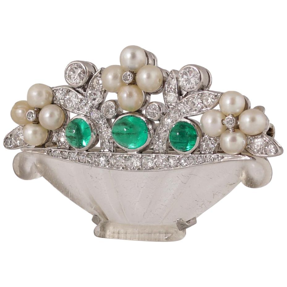 Cartier Art Deco Emerald Diamond Natural Pearls Flower Basket Brooch