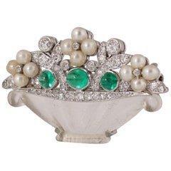 Cartier Art Deco Emerald Diamond Natural Pearls Flower Basket Brooch