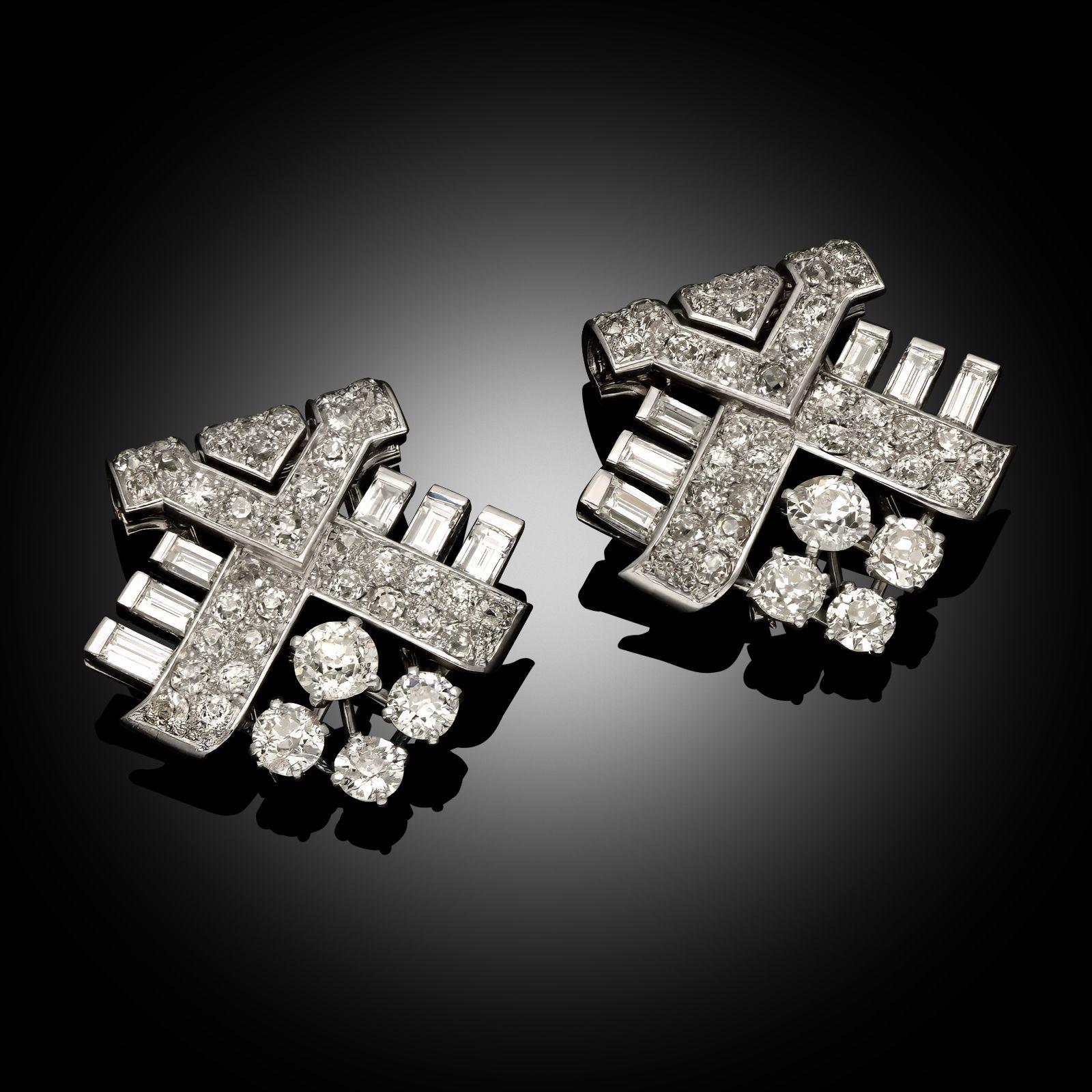Old European Cut Cartier Art Deco Geometric Diamond Clip Brooches For Sale