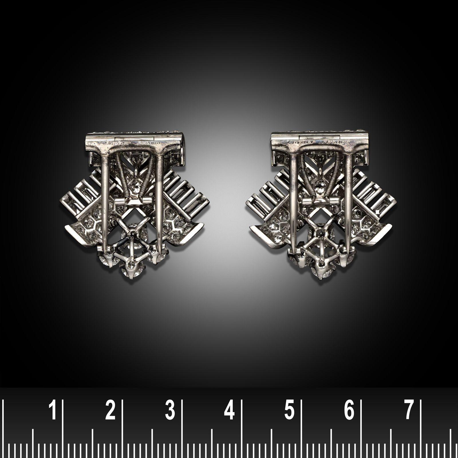 Women's or Men's Cartier Art Deco Geometric Diamond Clip Brooches For Sale