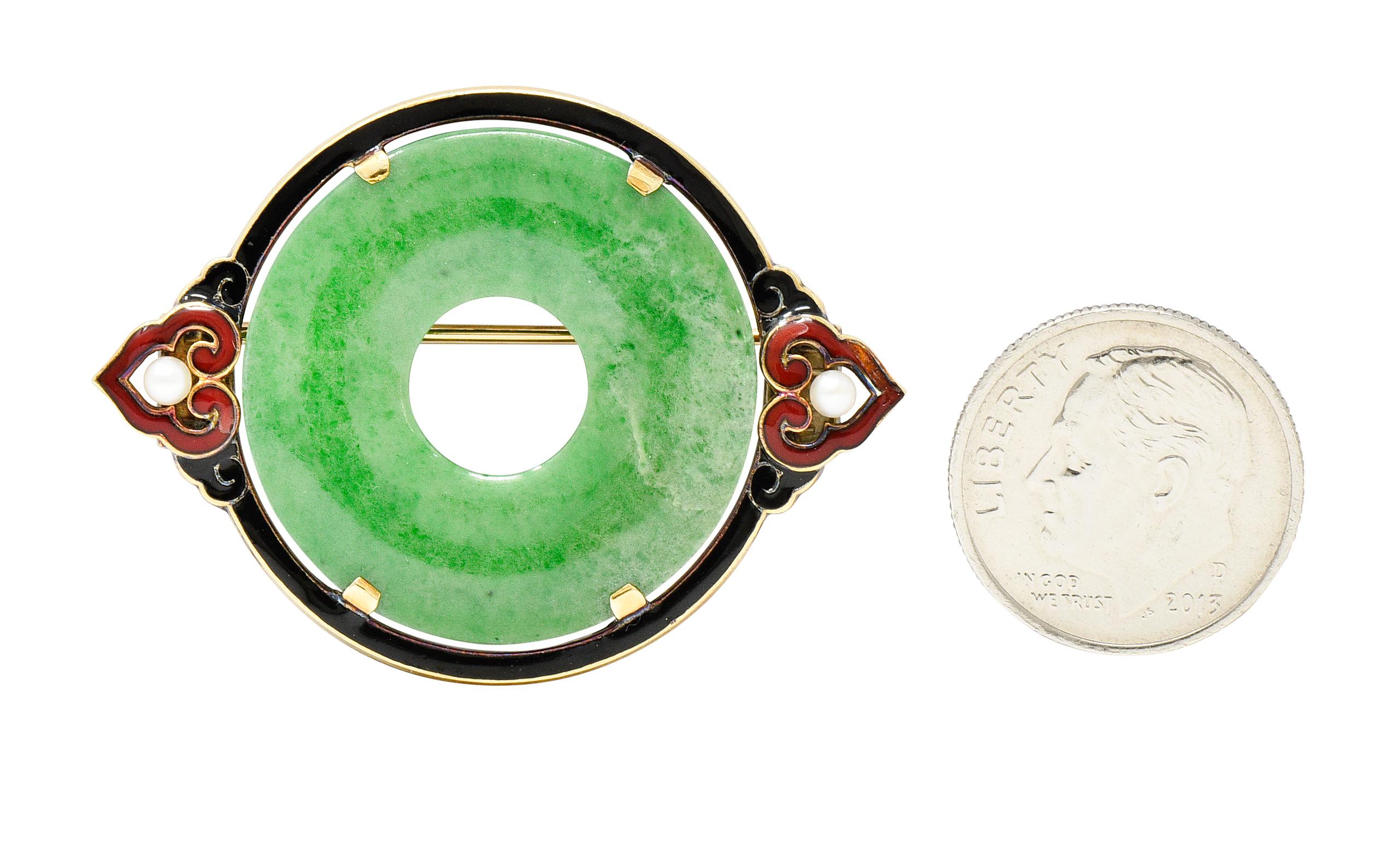 Cartier: 18 Karat Gelbgold Bi Circle Unisex-Brosche, Art déco, Jade, Perle und Emaille 8