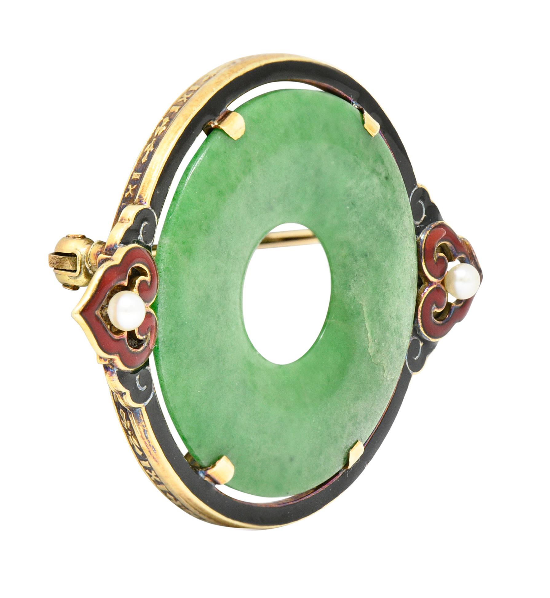 Cartier: 18 Karat Gelbgold Bi Circle Unisex-Brosche, Art déco, Jade, Perle und Emaille (Rundschliff)