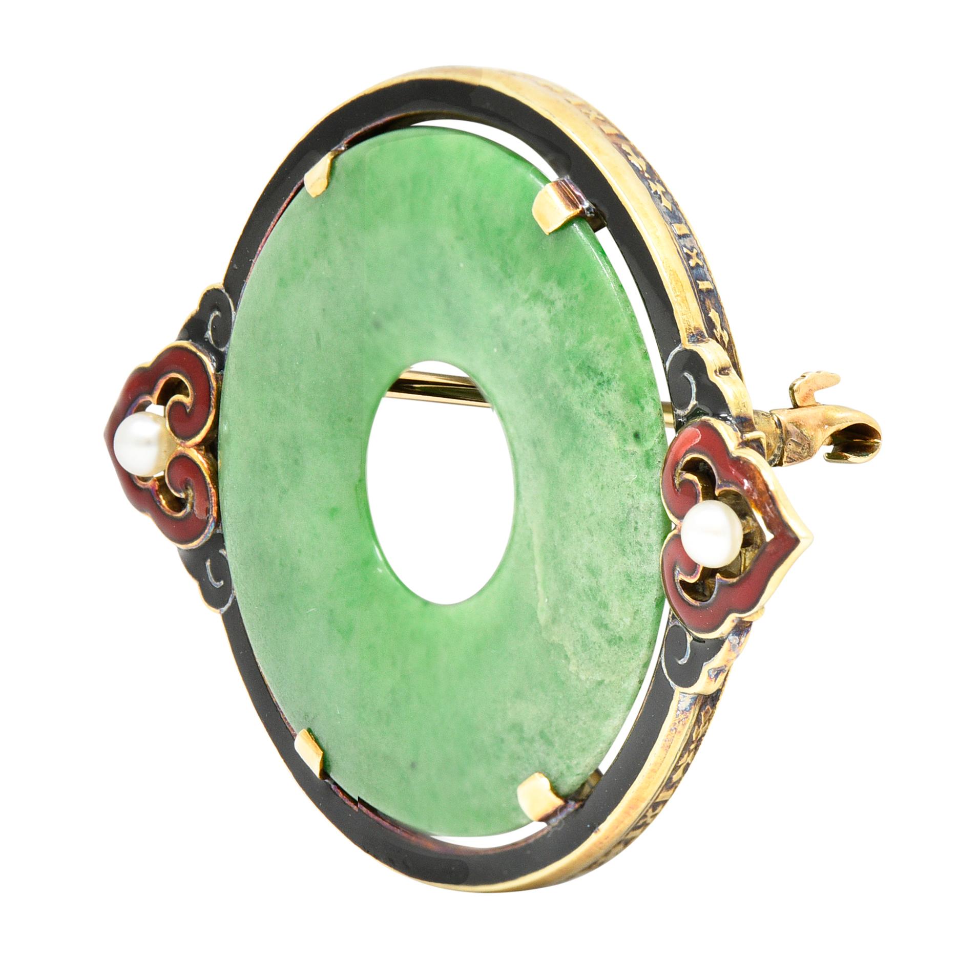 Cartier: 18 Karat Gelbgold Bi Circle Unisex-Brosche, Art déco, Jade, Perle und Emaille 1
