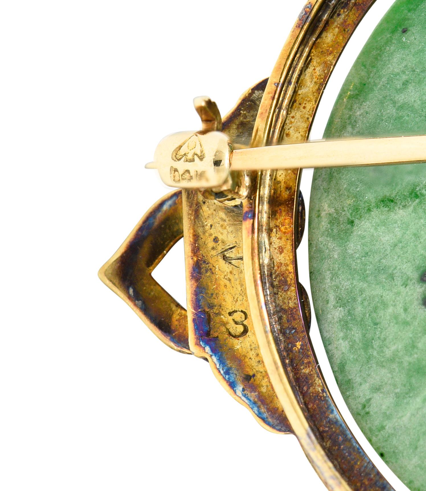 Cartier: 18 Karat Gelbgold Bi Circle Unisex-Brosche, Art déco, Jade, Perle und Emaille 2