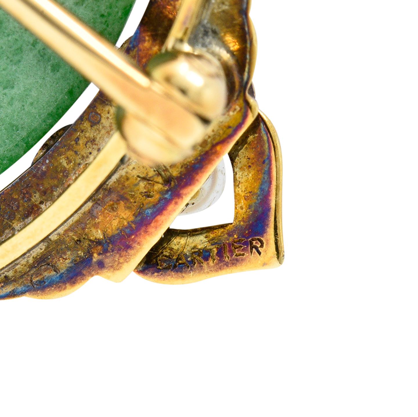 Cartier: 18 Karat Gelbgold Bi Circle Unisex-Brosche, Art déco, Jade, Perle und Emaille 3