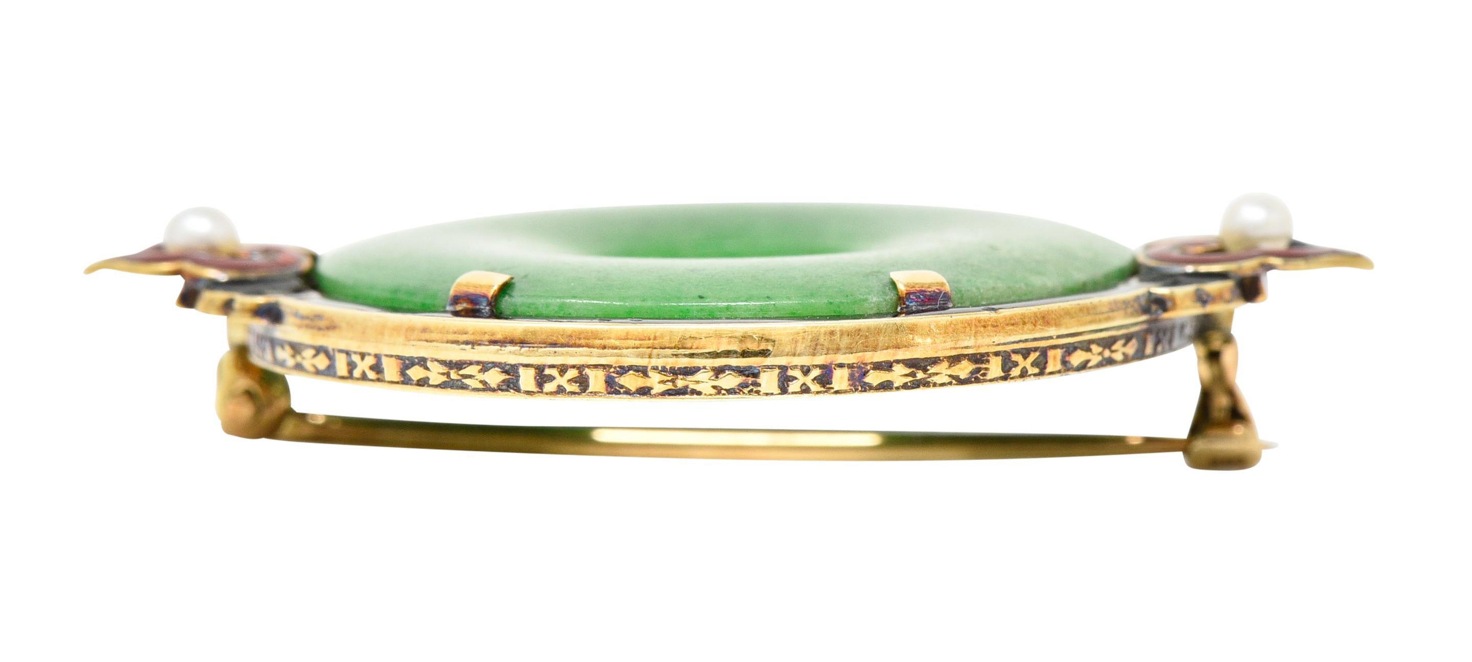 Cartier: 18 Karat Gelbgold Bi Circle Unisex-Brosche, Art déco, Jade, Perle und Emaille 4