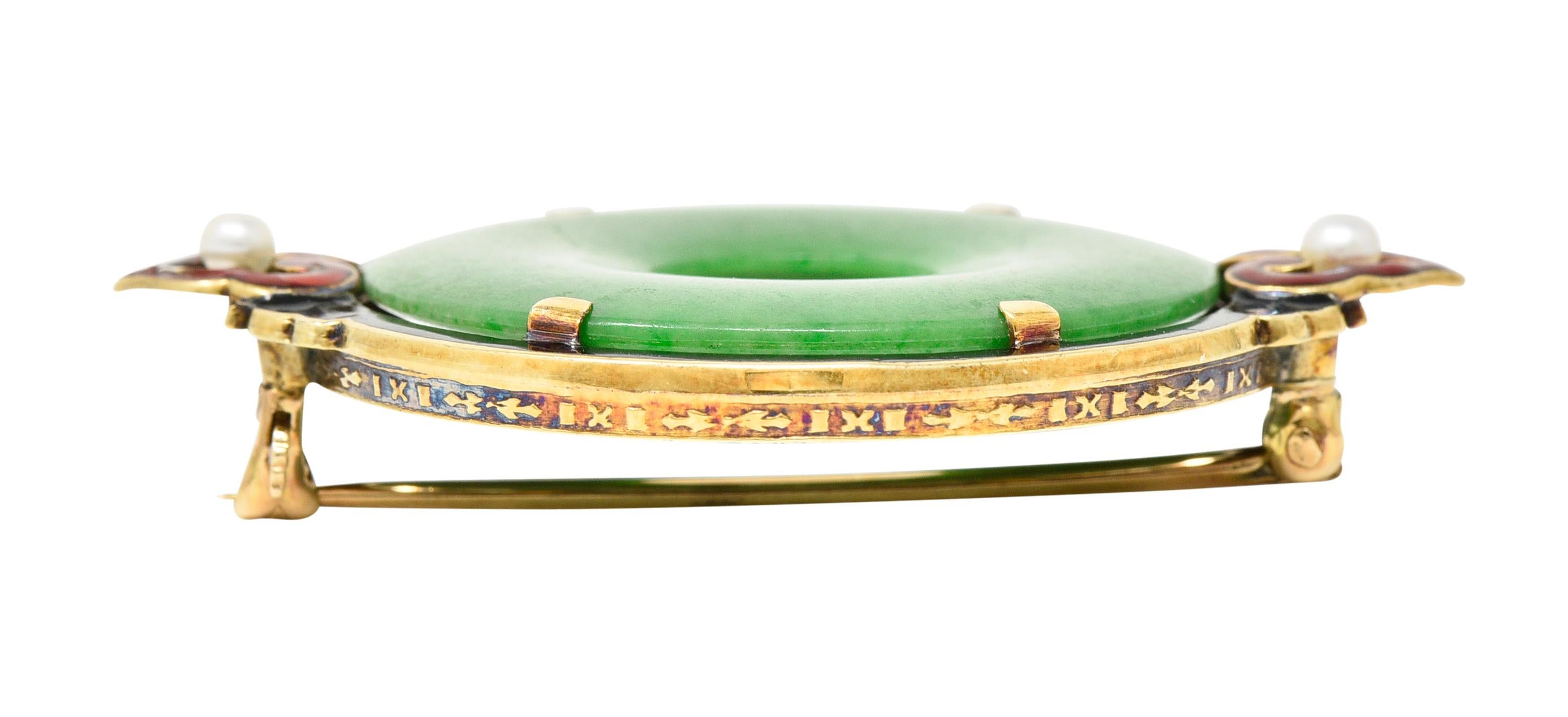 Cartier: 18 Karat Gelbgold Bi Circle Unisex-Brosche, Art déco, Jade, Perle und Emaille 5