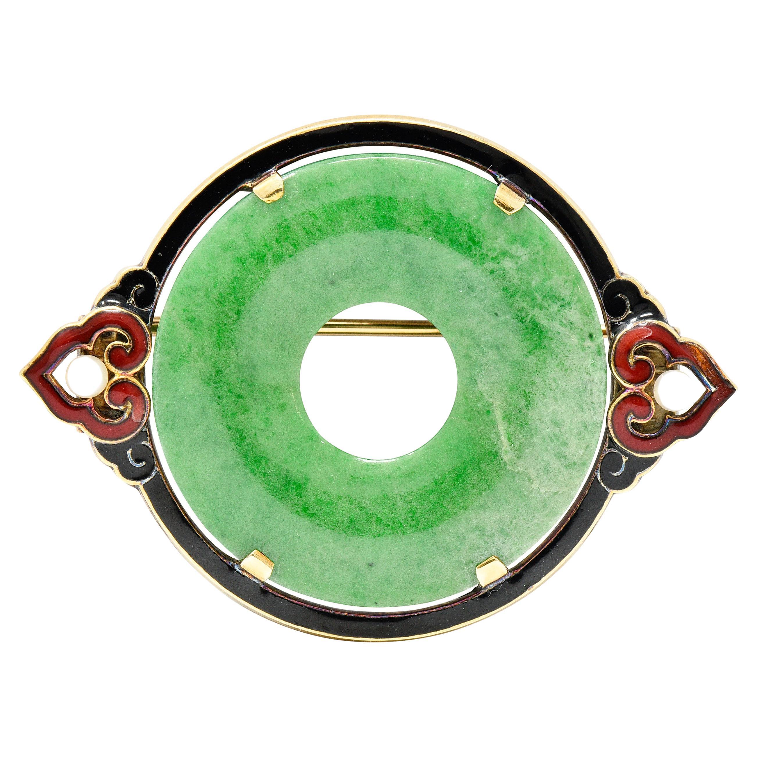 Cartier: 18 Karat Gelbgold Bi Circle Unisex-Brosche, Art déco, Jade, Perle und Emaille