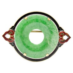 Cartier: 18 Karat Gelbgold Bi Circle Unisex-Brosche, Art déco, Jade, Perle und Emaille