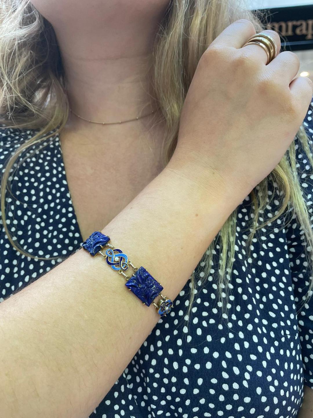 Bead Cartier Art Deco Lapis, Enamel and Pearl Bracelet, Yellow Gold For Sale