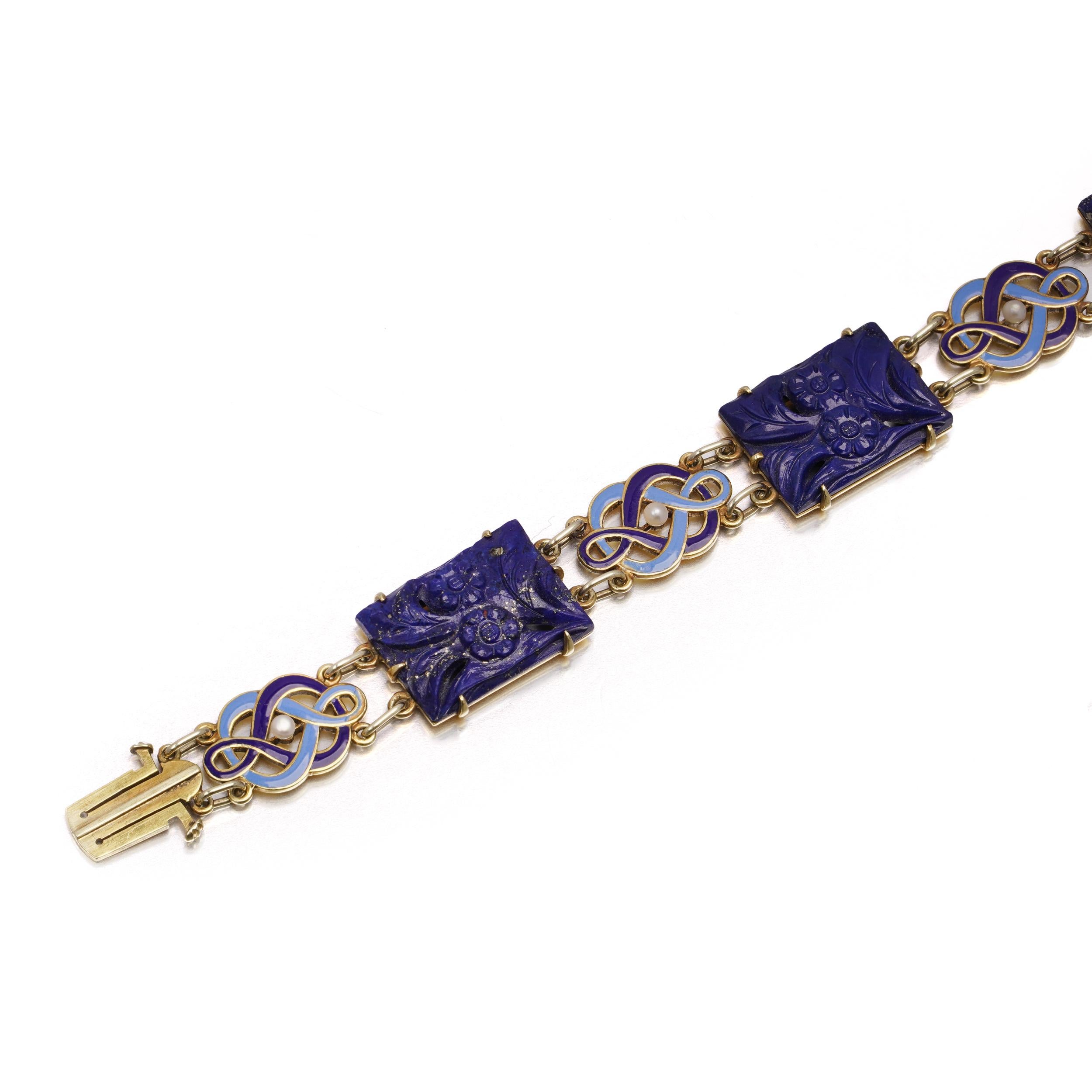 Round Cut Cartier Art Deco Lapis, Enamel & Seed Pearl Bracelet in 14kt Gold For Sale