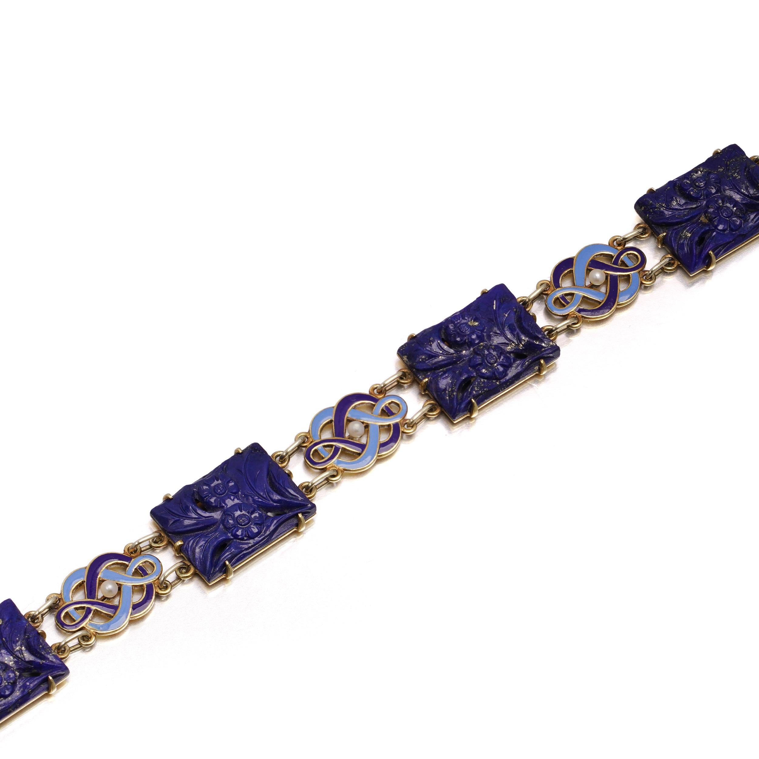Cartier Art Deco Lapis, Enamel & Seed Pearl Bracelet in 14kt Gold In Good Condition For Sale In Braintree, GB
