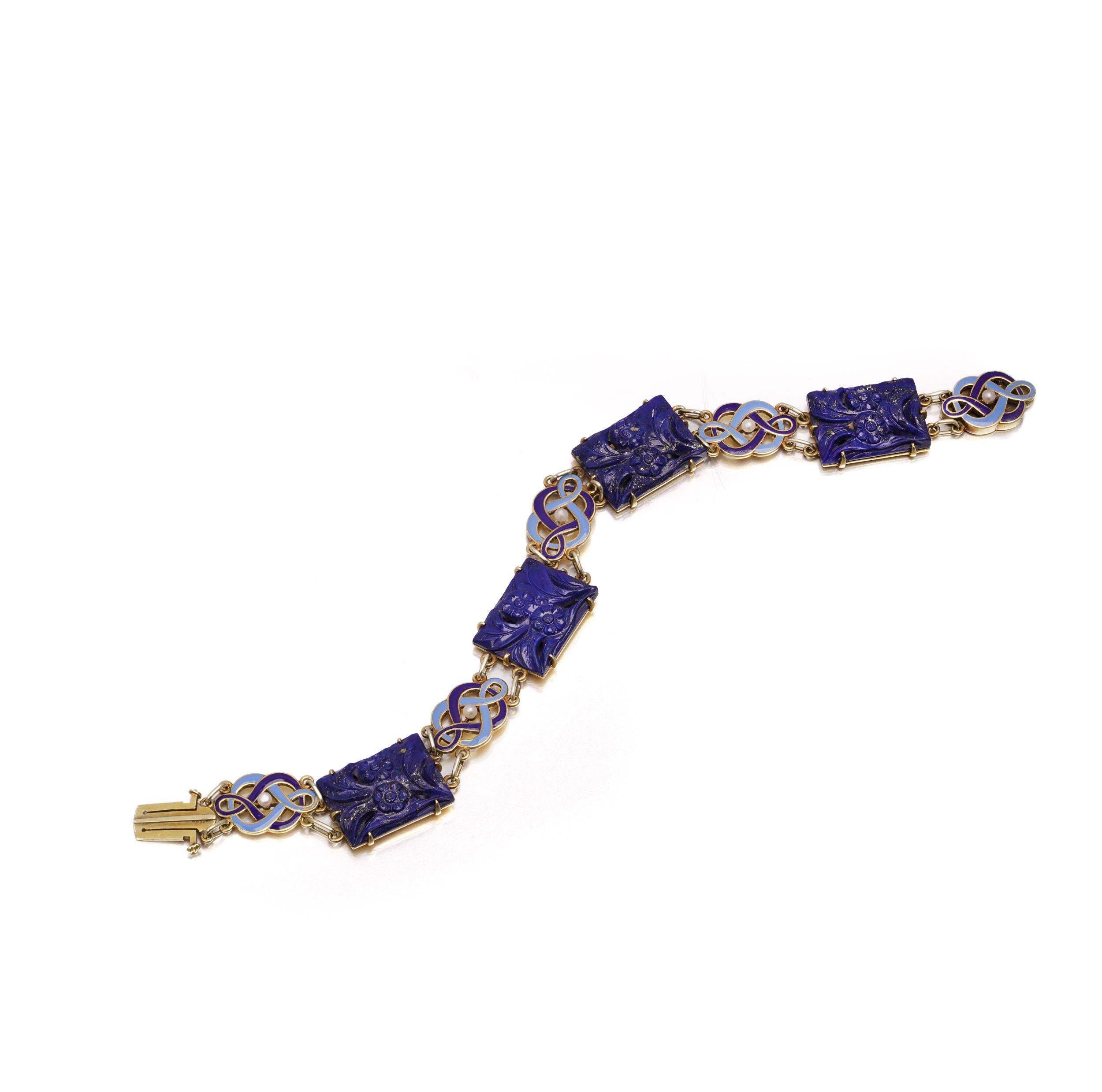 Women's Cartier Art Deco Lapis, Enamel & Seed Pearl Bracelet in 14kt Gold For Sale