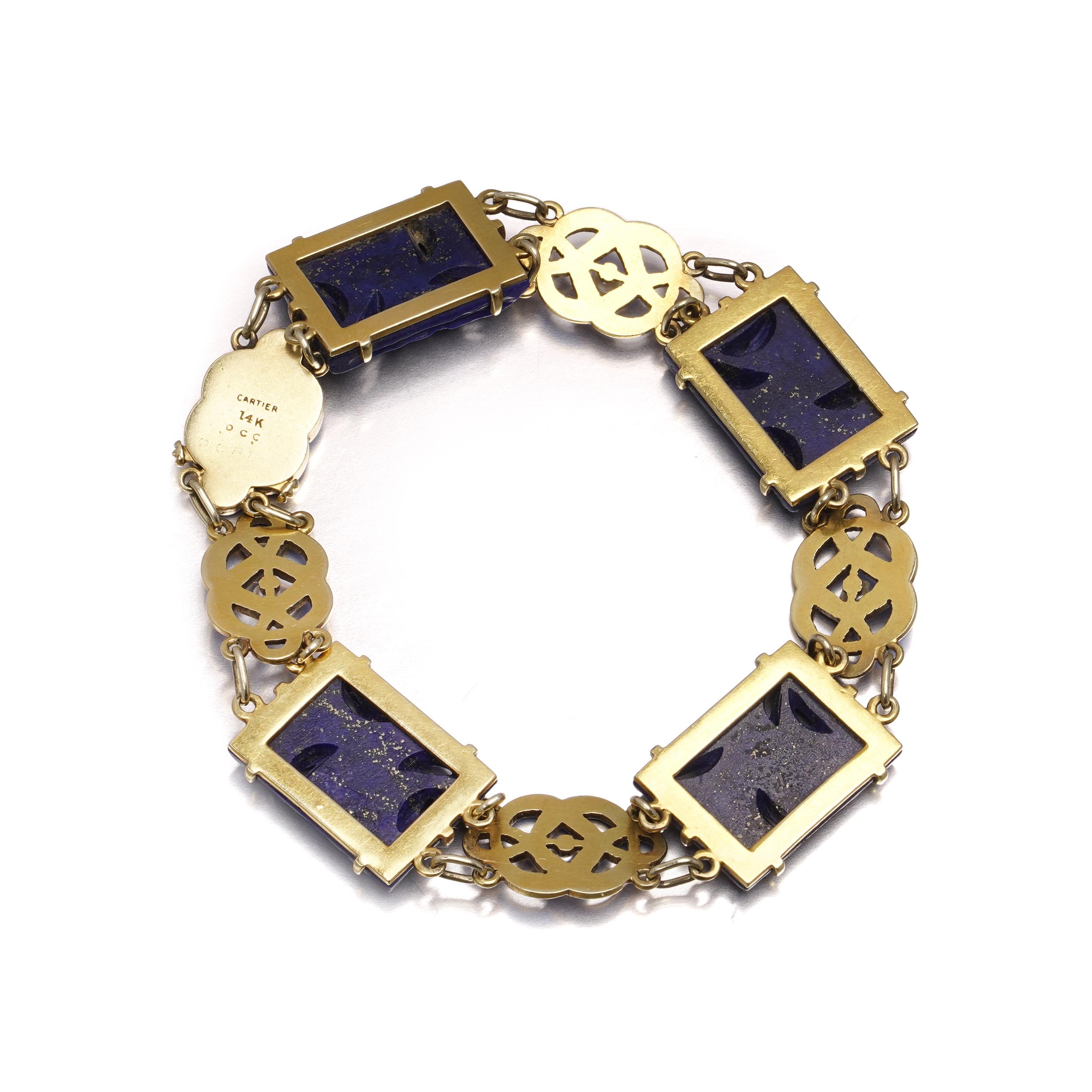 Cartier Art Deco Lapis, Enamel & Seed Pearl Bracelet in 14kt Gold For Sale 2