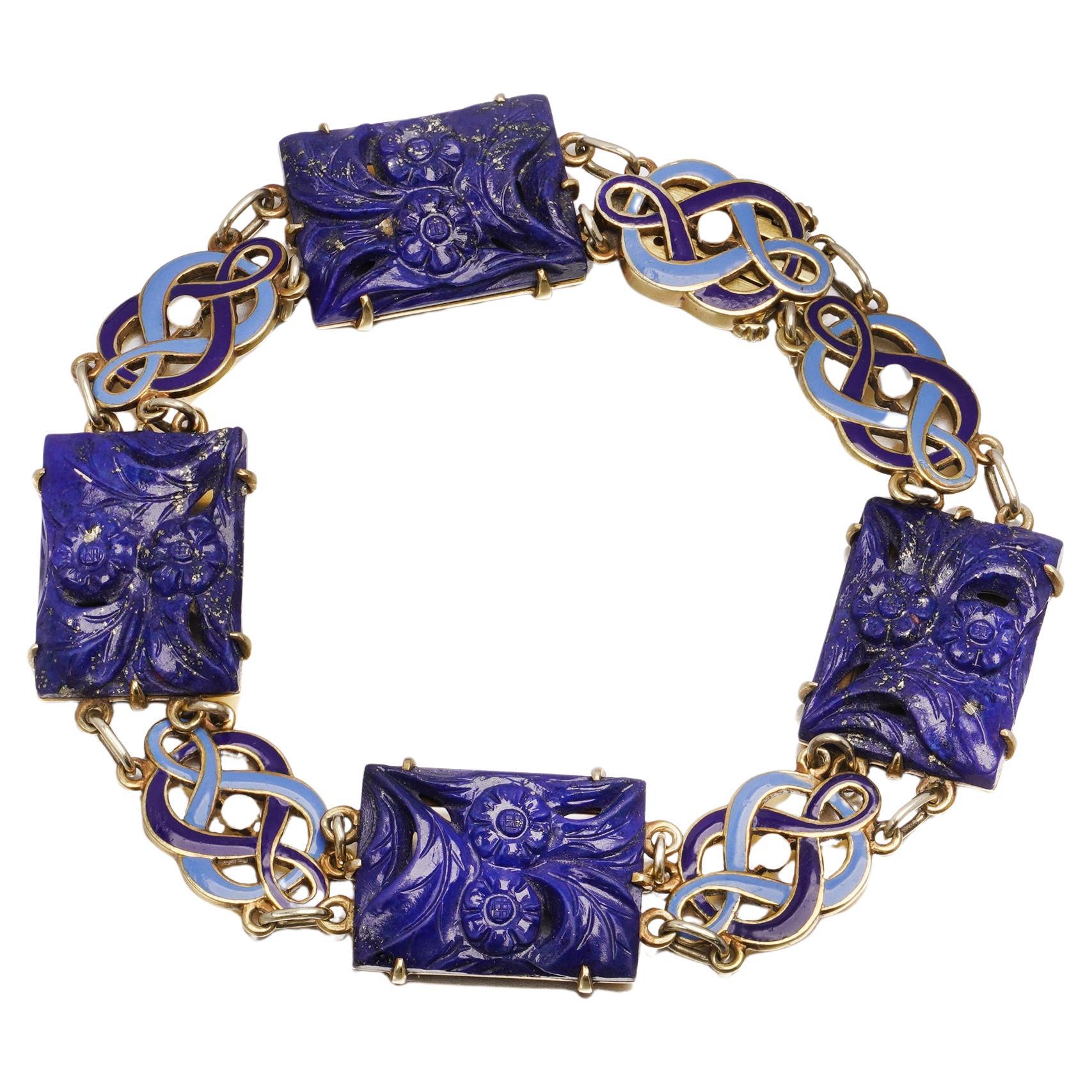 Cartier Art Deco Lapis, Enamel & Seed Pearl Bracelet in 14kt Gold For Sale