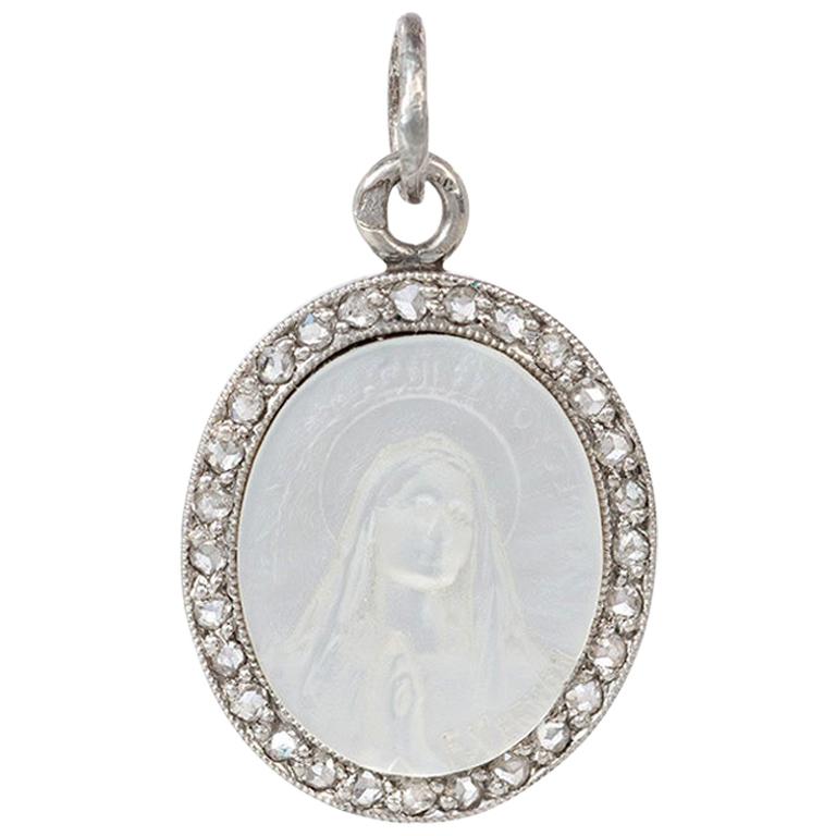 Cartier Antique Mother of Pearl Cameo Pendant with Diamonds Depicting Madonna