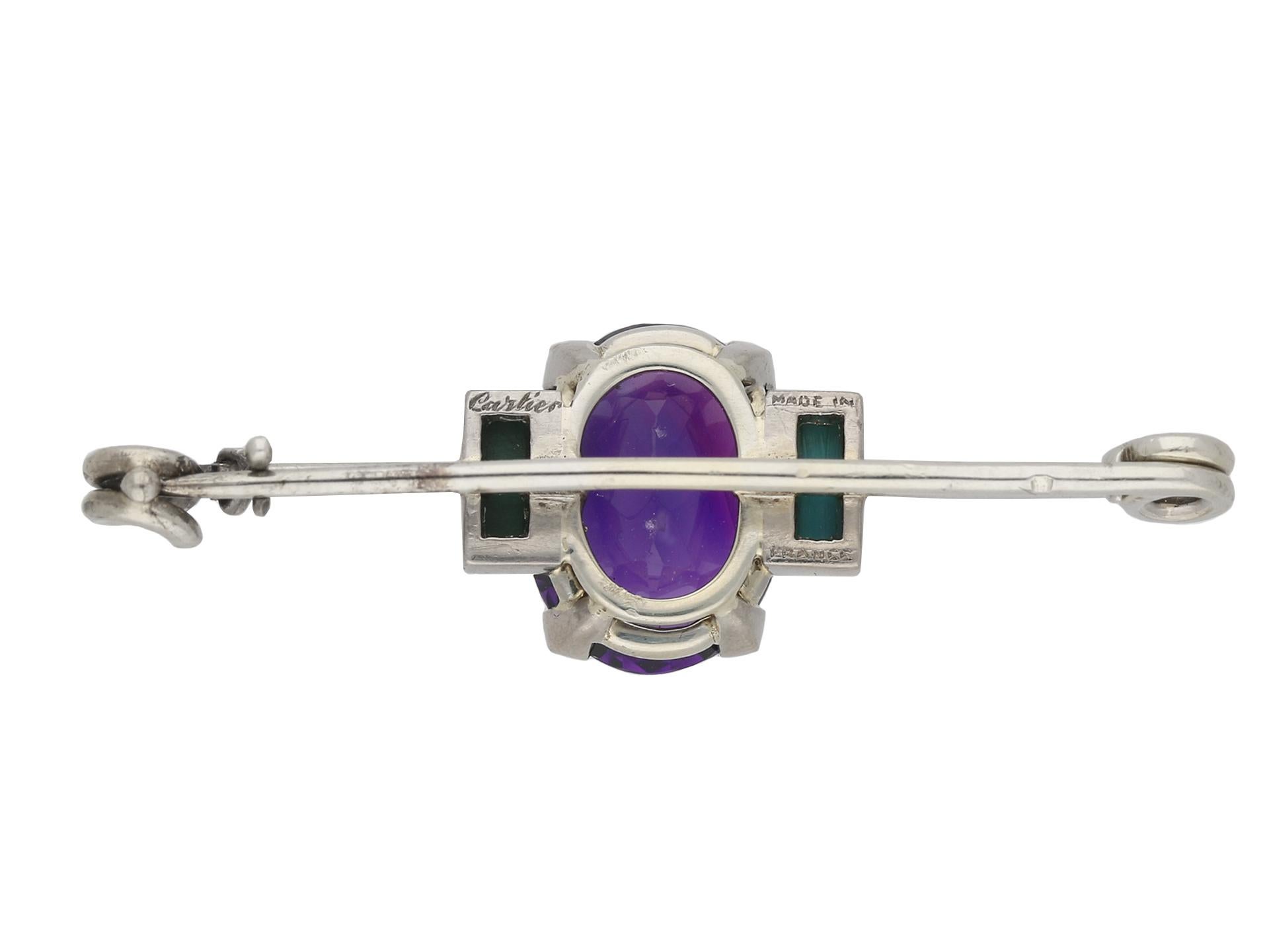 Oval Cut Cartier Art Deco Natural Amethyst and Turquoise Brooch For Sale