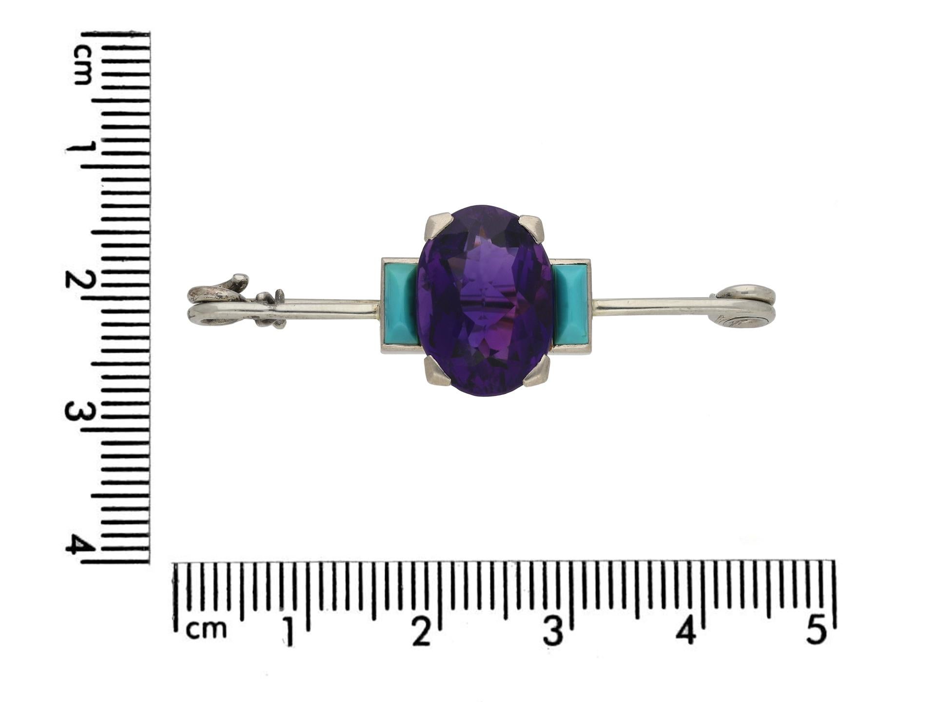 Women's or Men's Cartier Art Deco Natural Amethyst and Turquoise Brooch For Sale