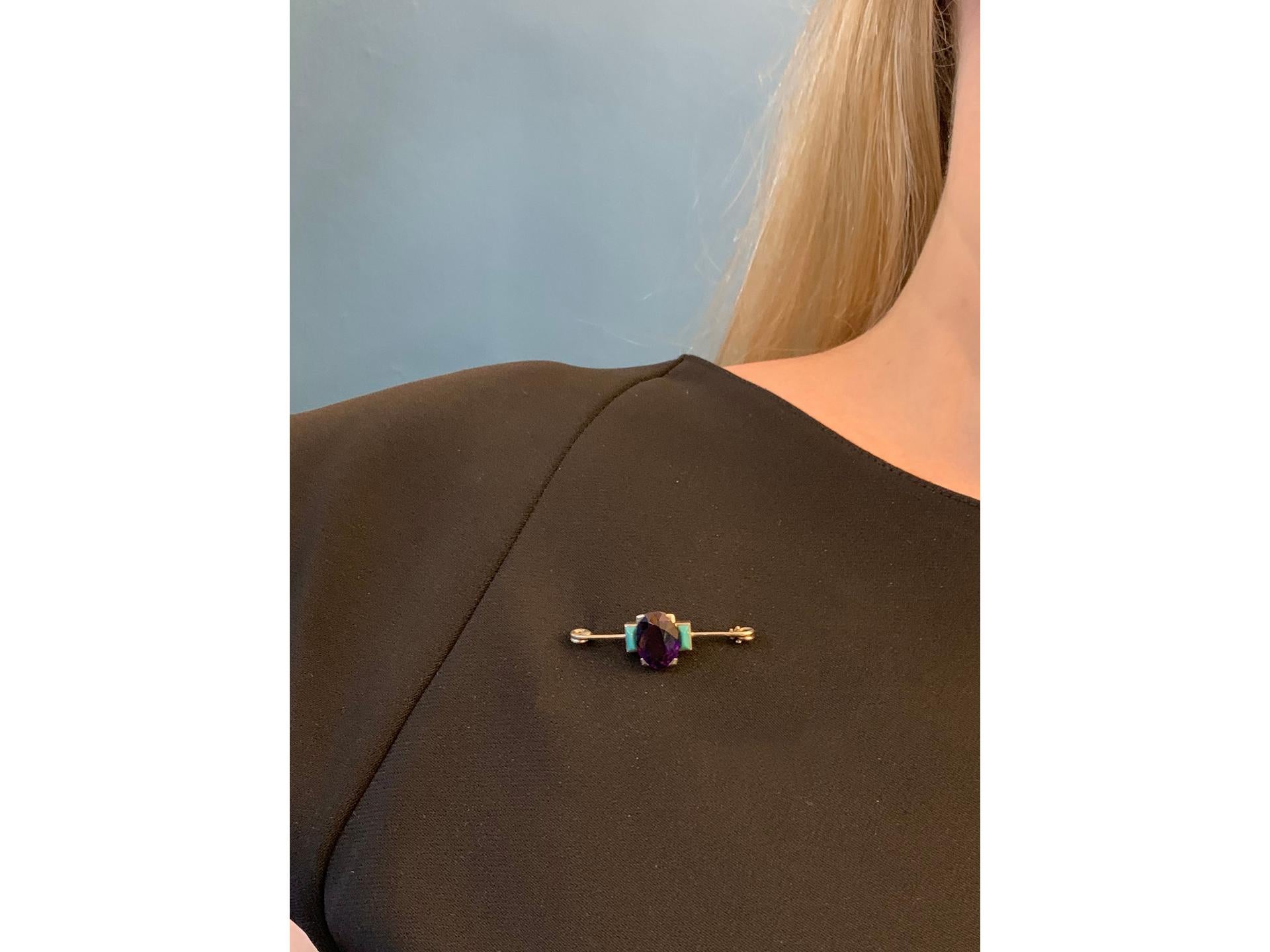 Cartier Art Deco Natural Amethyst and Turquoise Brooch For Sale 1