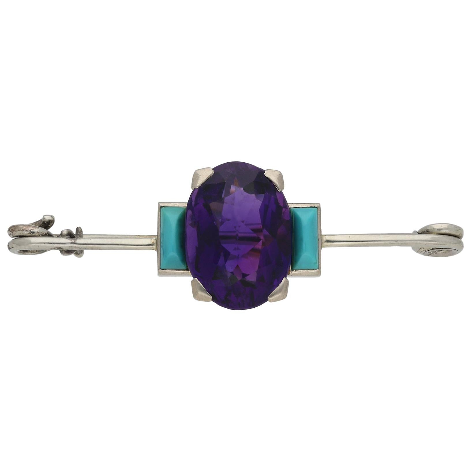 Cartier Art Deco Natural Amethyst and Turquoise Brooch