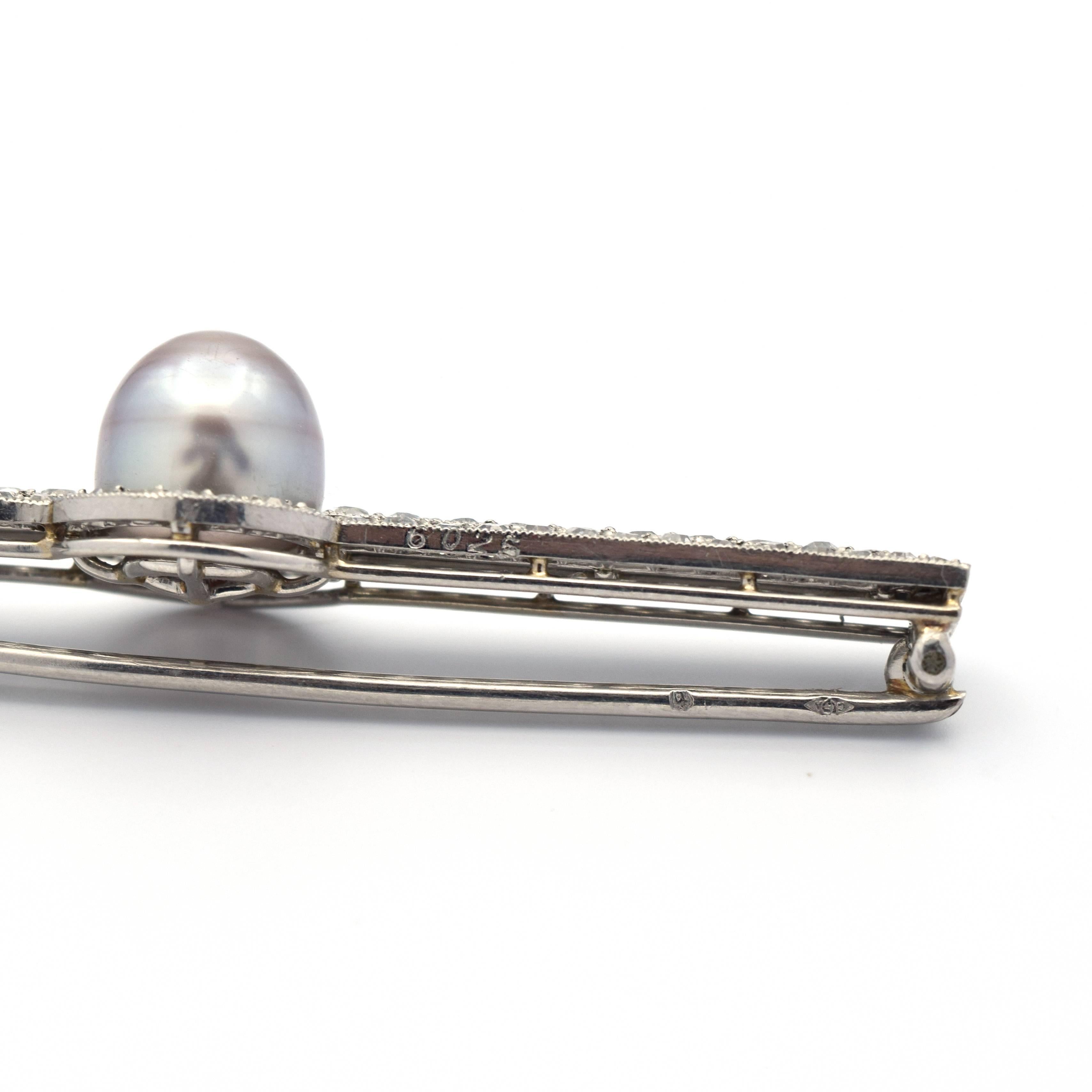 Round Cut Cartier Art Deco Natural Pearl and Diamond Pin Brooch For Sale
