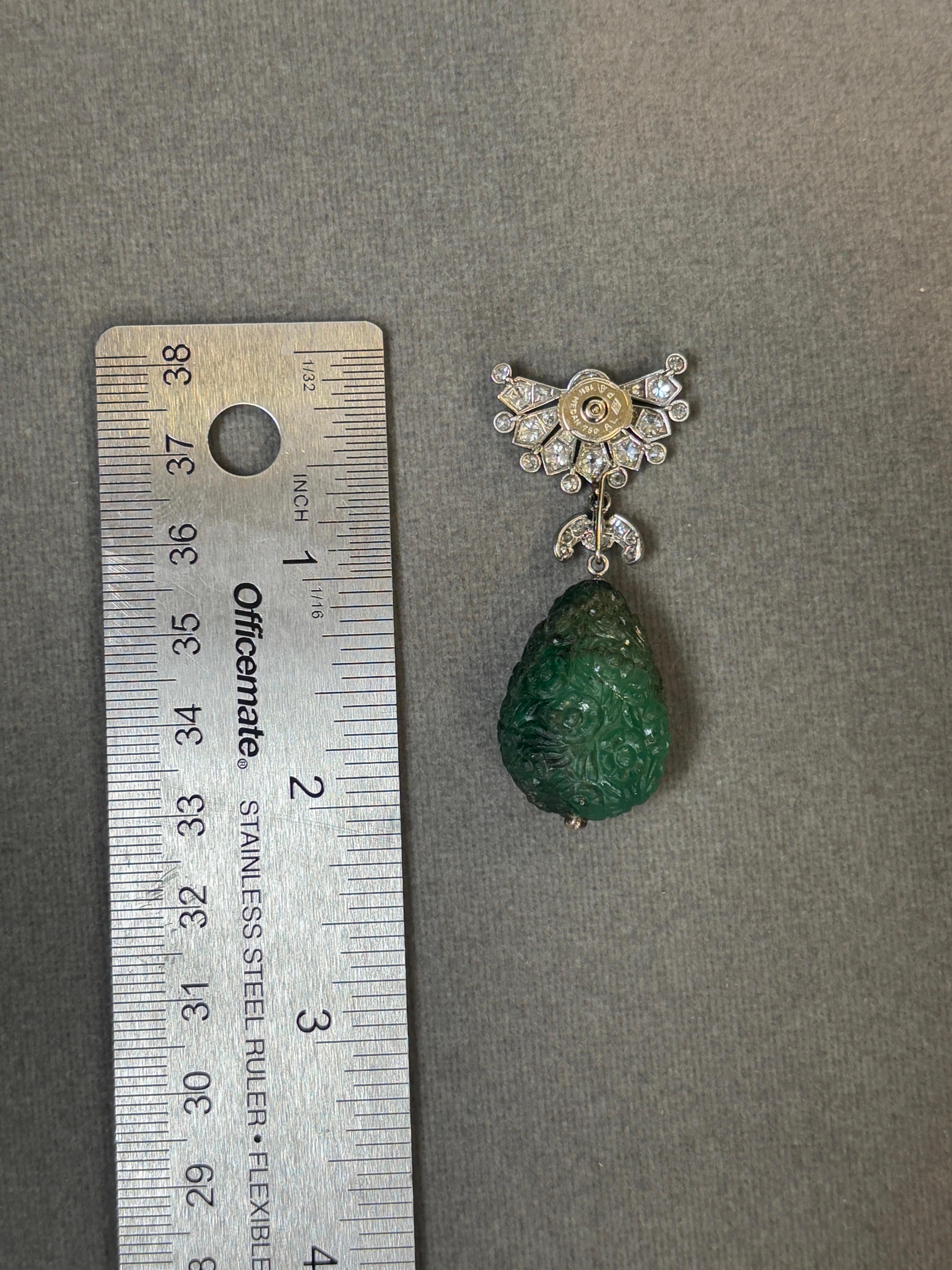 Boucles d'oreilles interchangeables en perles naturelles et émeraudes sculptées de Cartier Art Deco en vente 5