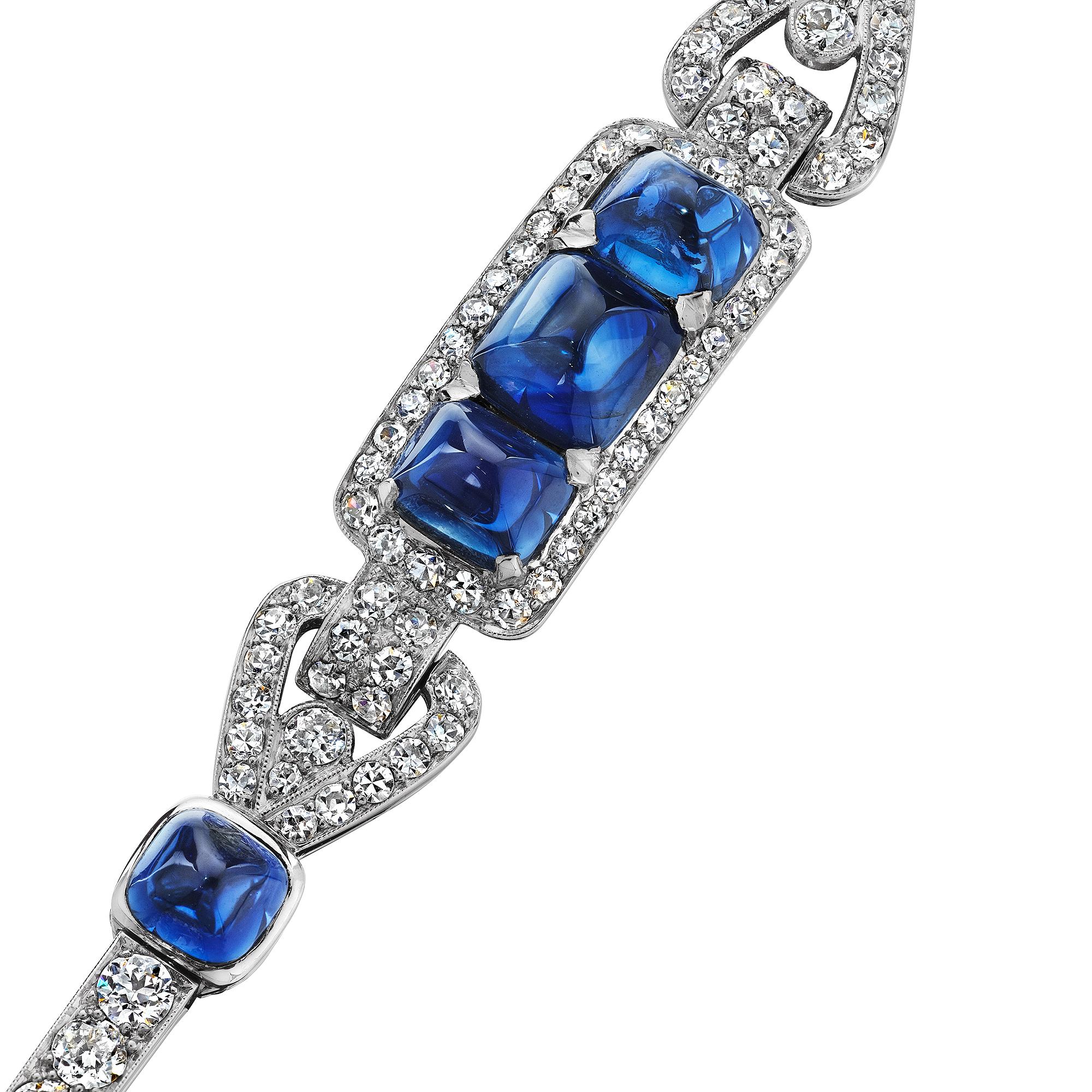 Sugarloaf Cabochon Cartier Art Deco Natural Sapphire Diamond Platinum Bracelet For Sale