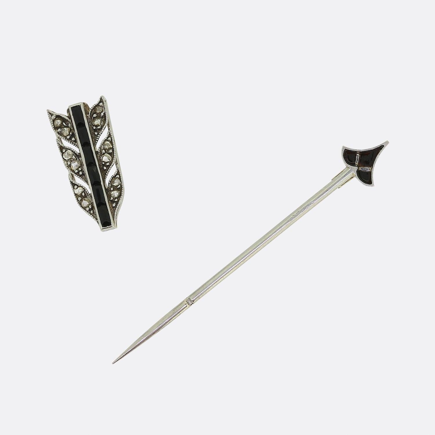 Rose Cut Cartier Art Deco Onyx and Diamond Arrow Jabot Pin For Sale