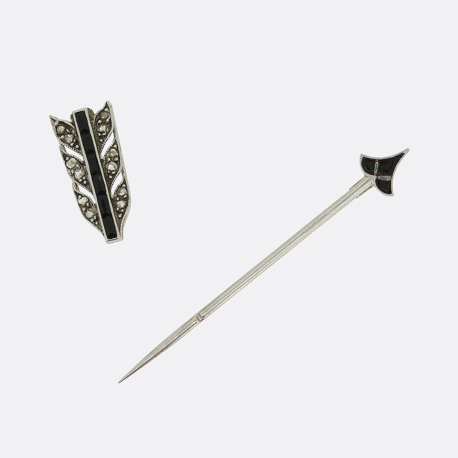Rose Cut Cartier Art Deco Onyx and Diamond Arrow Jabot Pin