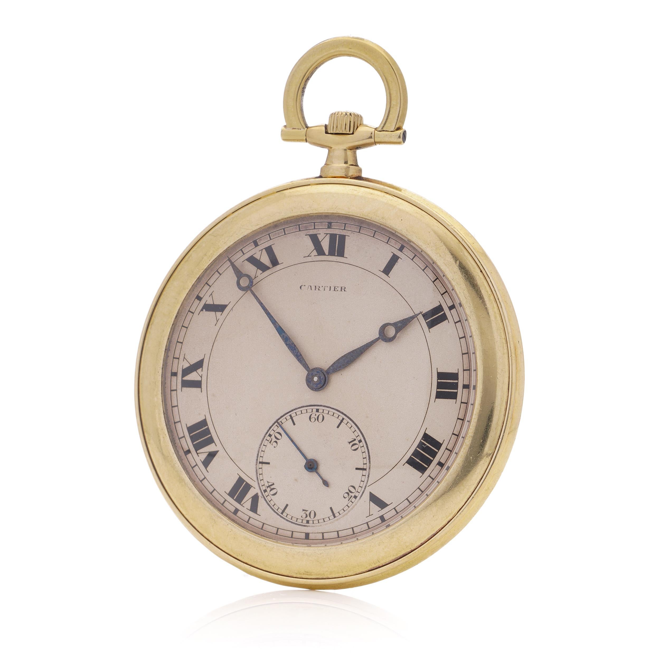 Cartier Art Deco period 18kt yellow gold open-face circular EWC movement pocket watch. 
The rear side has an engraved family crest. 

The movement is signed European Watch and Clock Company. In the early 1920s Cartier formed a joint company with