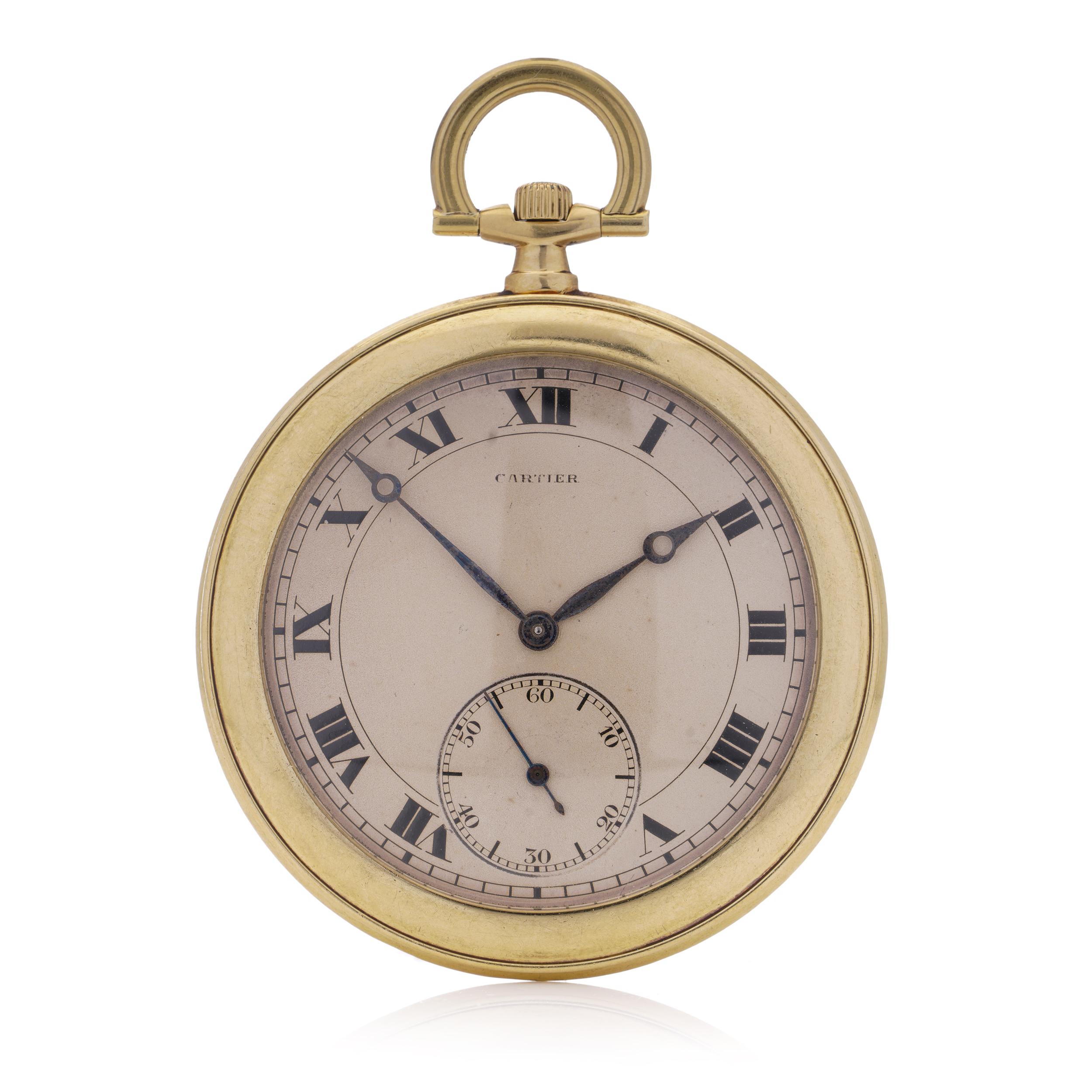 Cartier: 18 Karat Gelbgold EWC-Uhr mit offenem Zifferblatt und runder EWC-Armbanduhr, Art déco-Periode  im Angebot