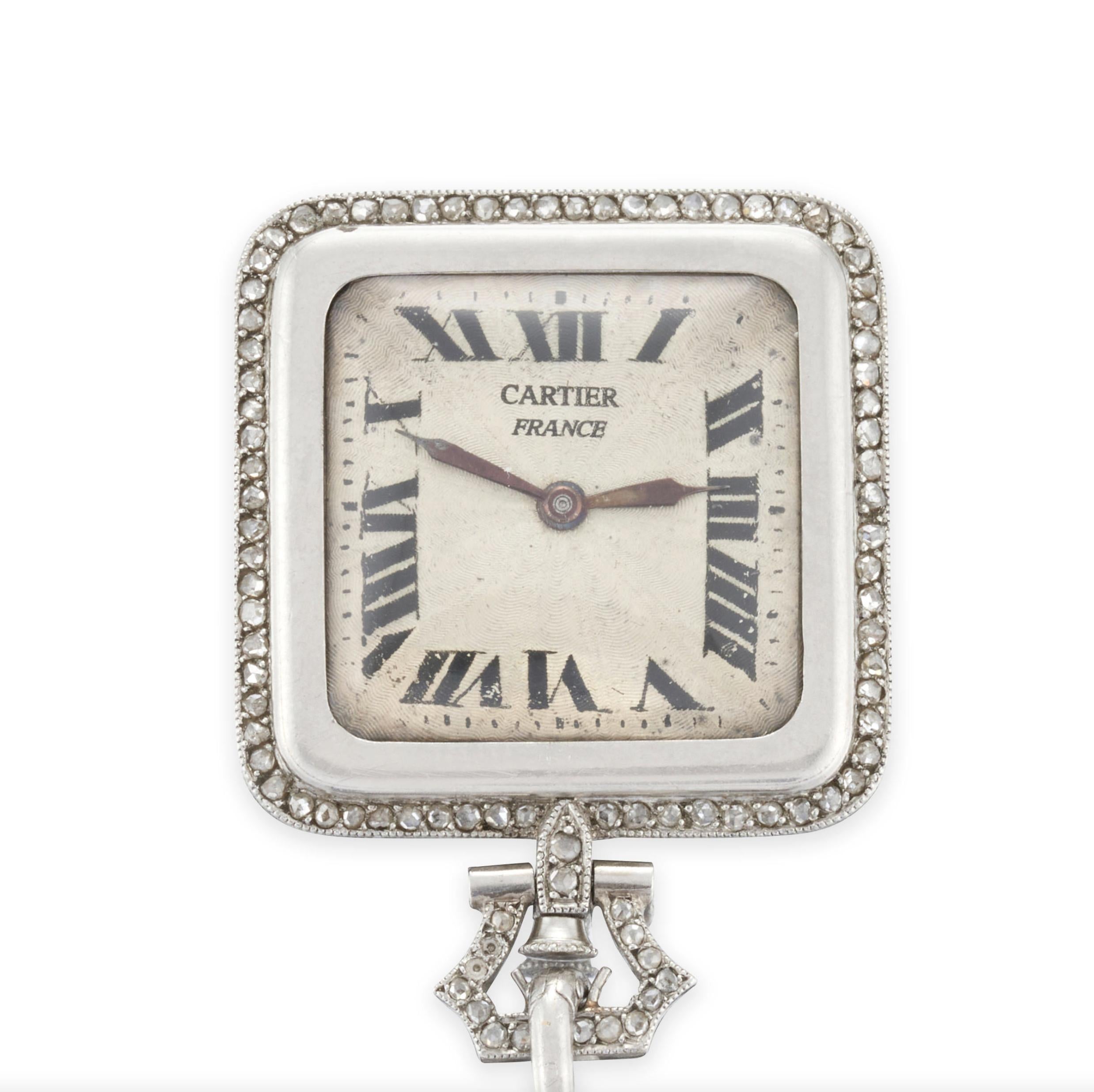 Rose Cut Cartier Art Deco Platinum and Diamond Pendant Watch For Sale
