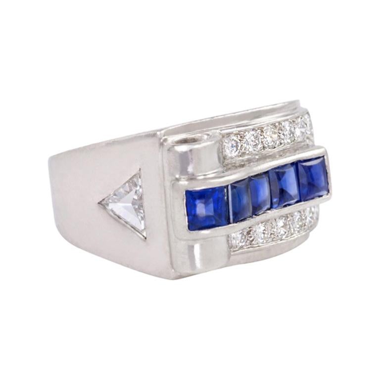 Cartier Art Deco Platinum, Diamond, and Buff-Top Sapphire Ring For Sale