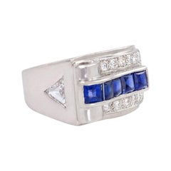 Cartier Art Deco Platinum, Diamond, and Buff-Top Sapphire Ring