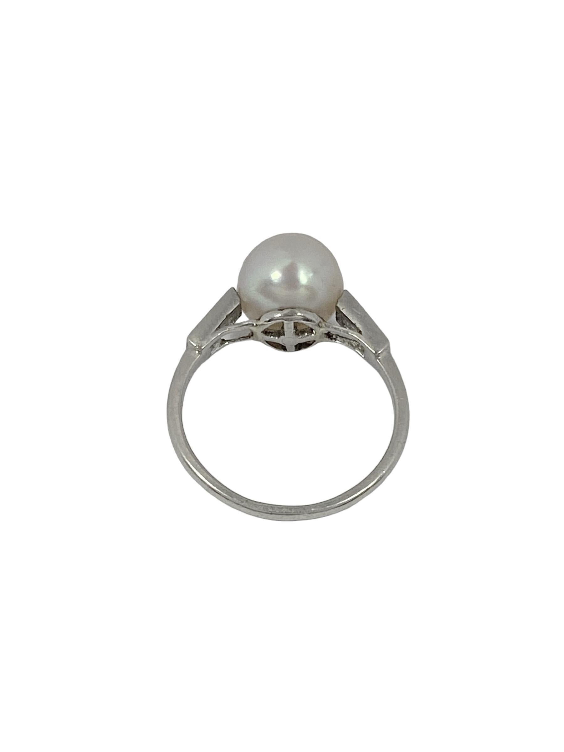 Cartier Art Deco Platin-Ring mit Diamanten und natürlichen Perlen (Baguetteschliff) im Angebot