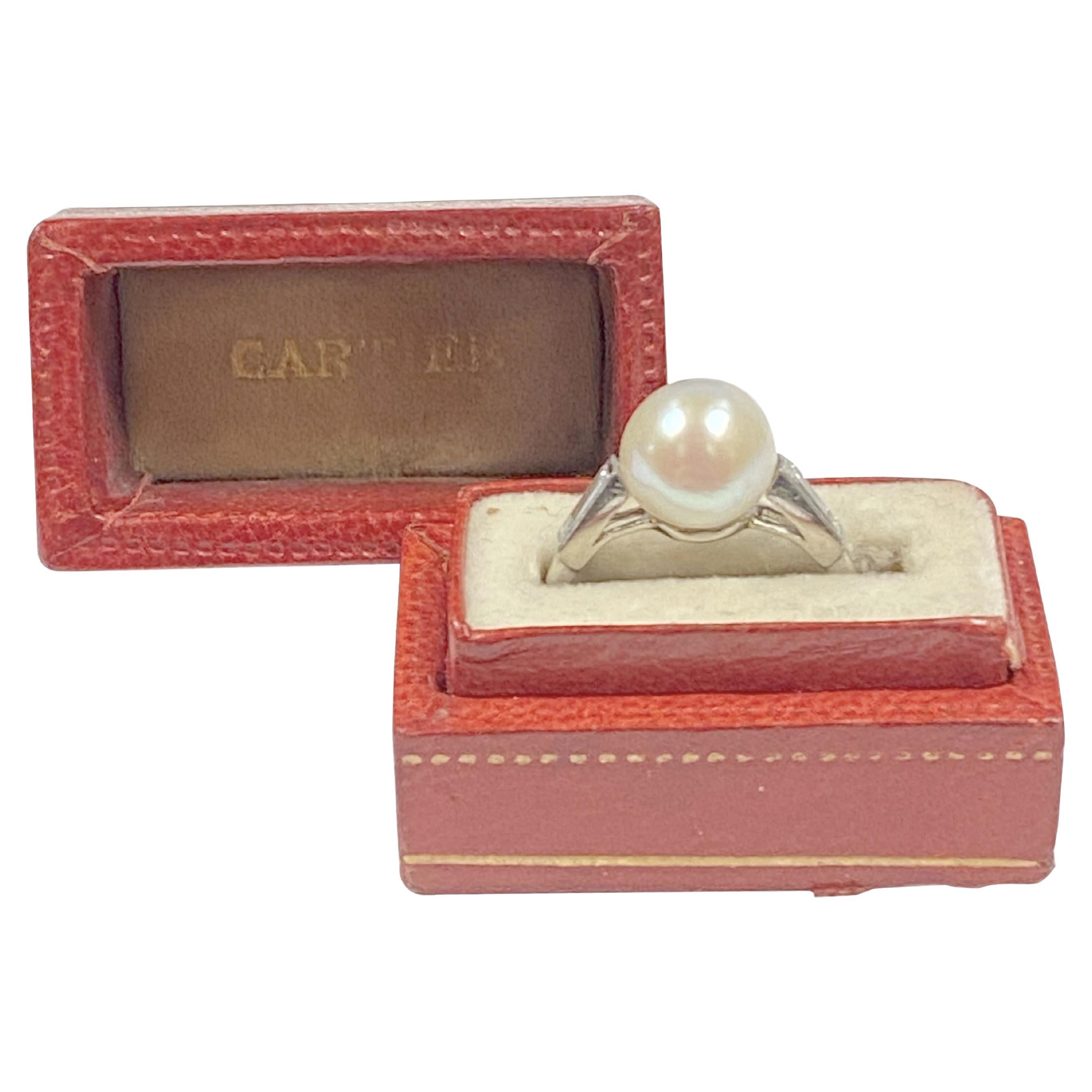 Cartier Art Deco Platinum Diamond and Natural Pearl Ring For Sale