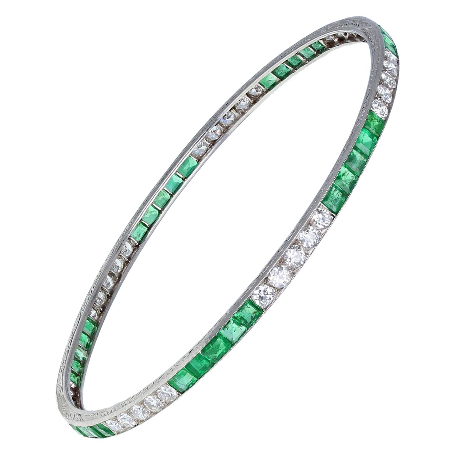 Cartier Art Deco Platinum Emerald Diamond Bangle Bracelet For Sale