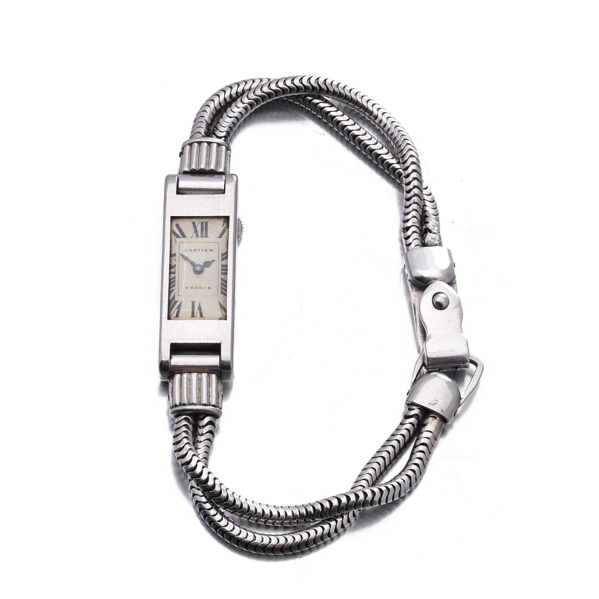 Femenino o masculino Reloj de pulsera Cartier Art Déco de platino para señora en venta
