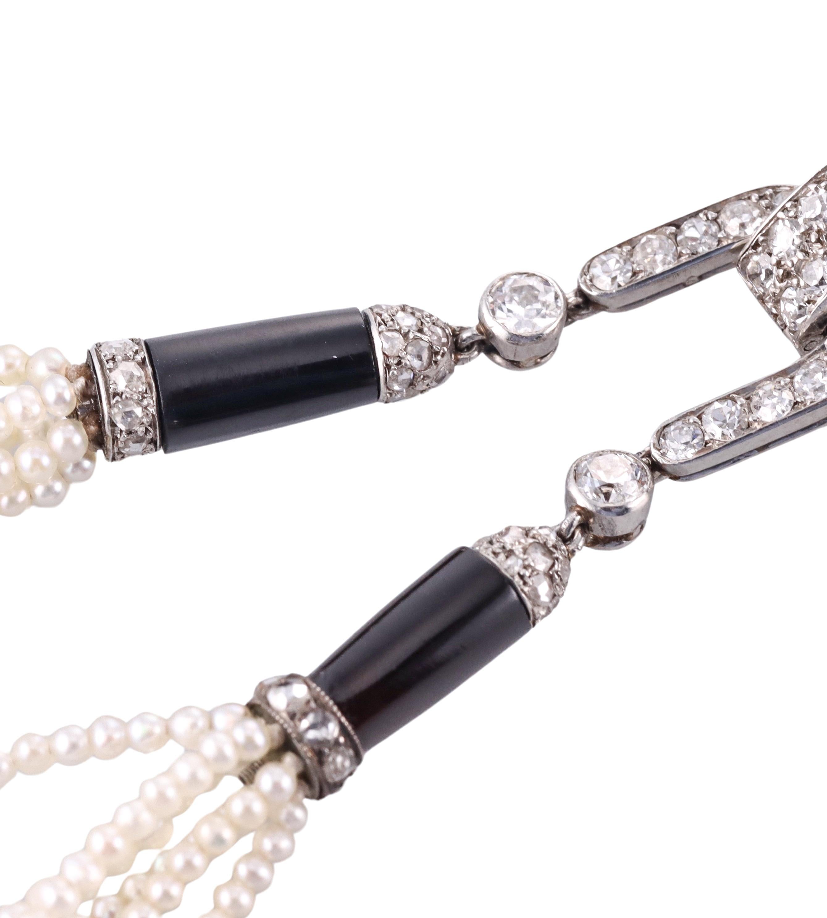 Cartier Art Deco Platinum Seed Pearl Diamond Onyx Tassel Brooch  For Sale 2