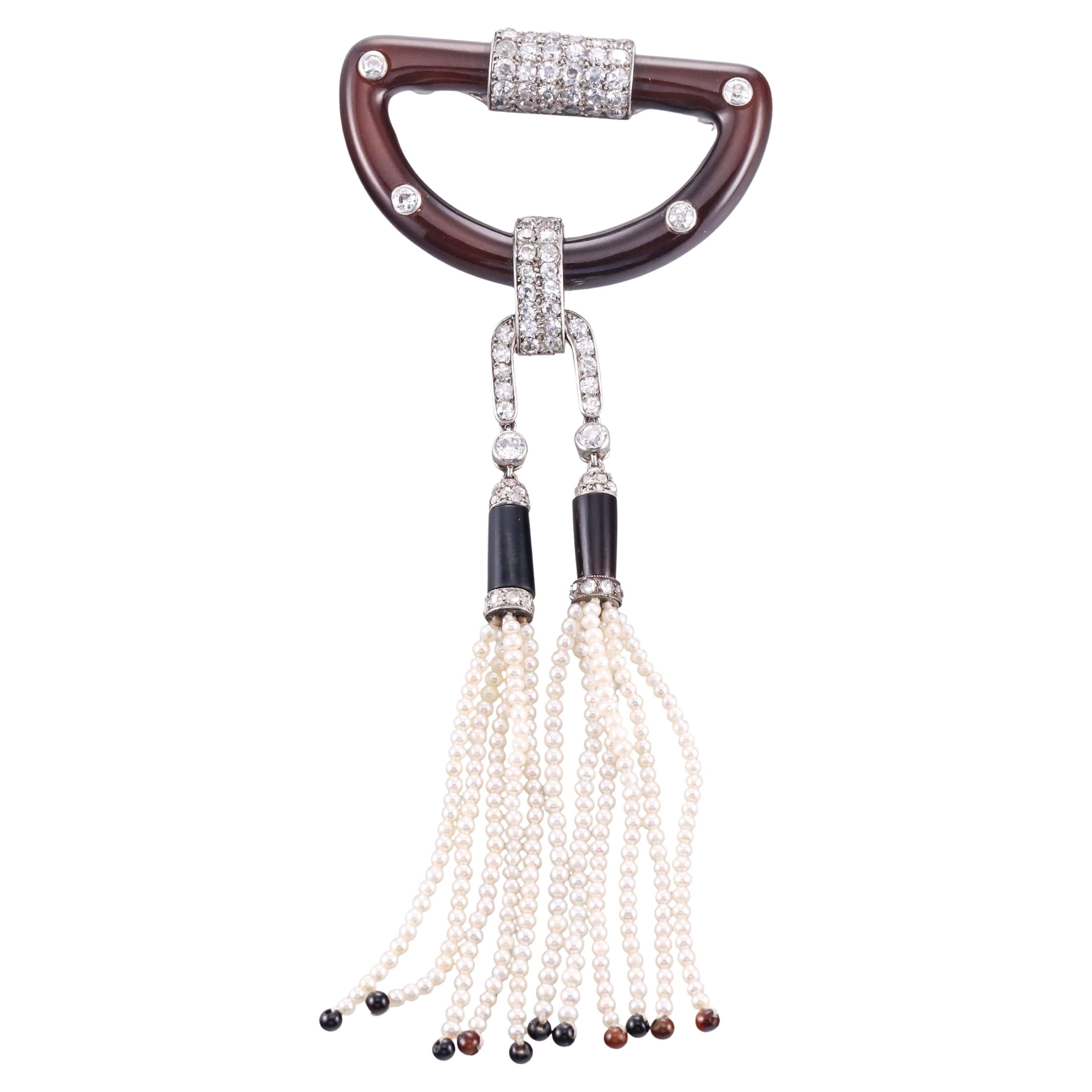 Cartier Art Deco Platinum Seed Pearl Diamond Onyx Tassel Brooch