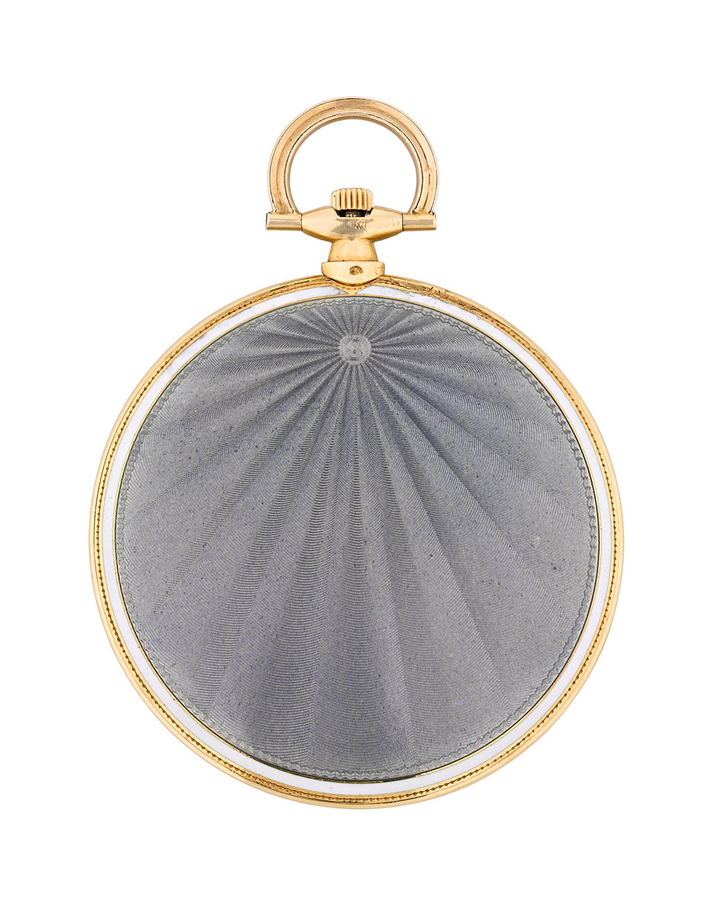 A study in classic Art Deco design, this pocket watch was crafted by the famed Cartier. Housed in an 18K gold open face case, the timepiece boasts a sleek design adorned by light blue guilloche enameling on the reverse. The white face tells the time