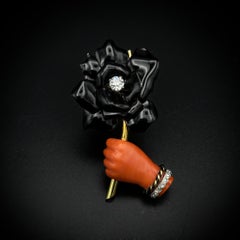 Cartier Art Deco Precious Coral Diamond Enamel Rose Flower Hand Yellow Gold 1930