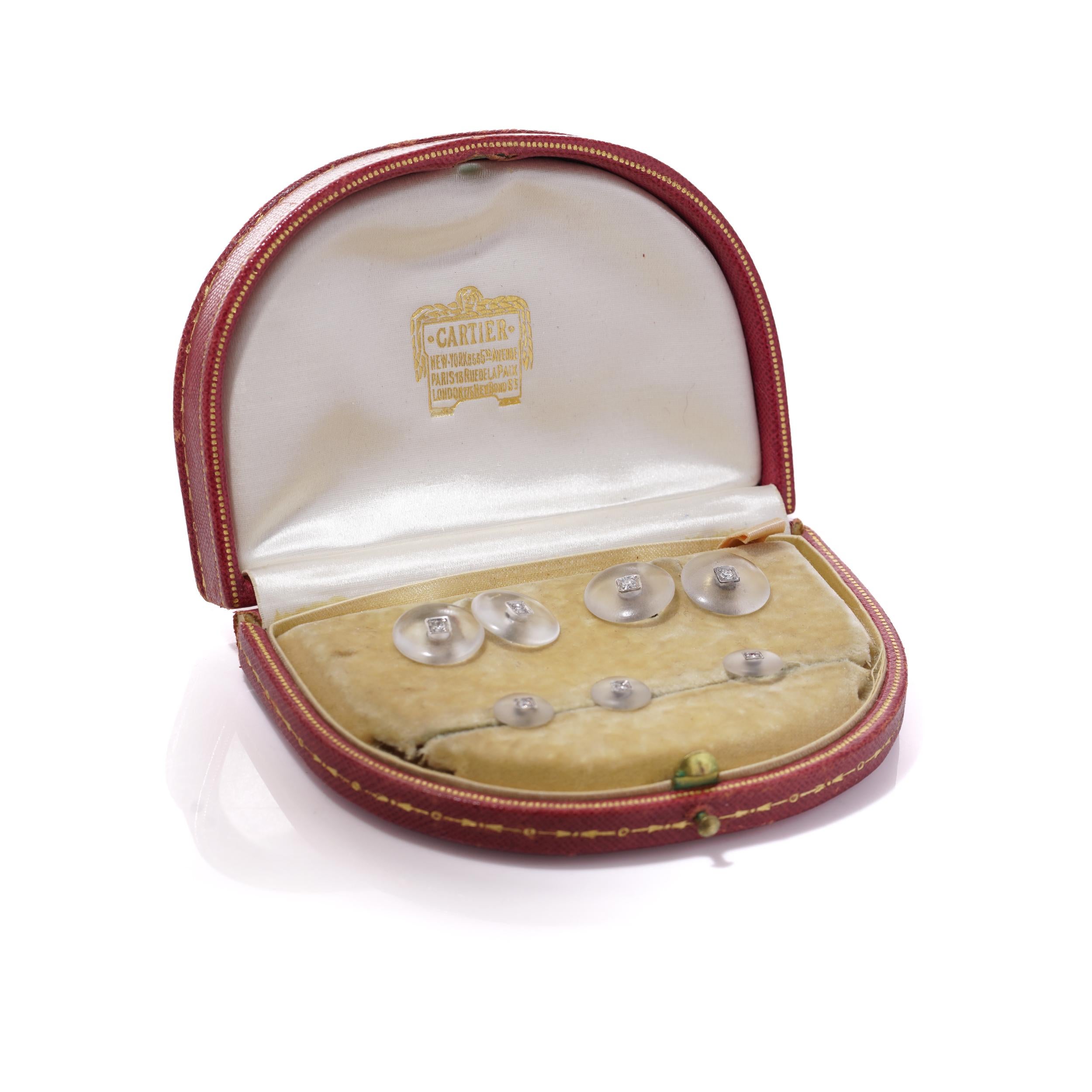 Cartier Art Deco rock crystal cufflink dress set - 14kt. Gold, Platinum In Good Condition For Sale In Braintree, GB