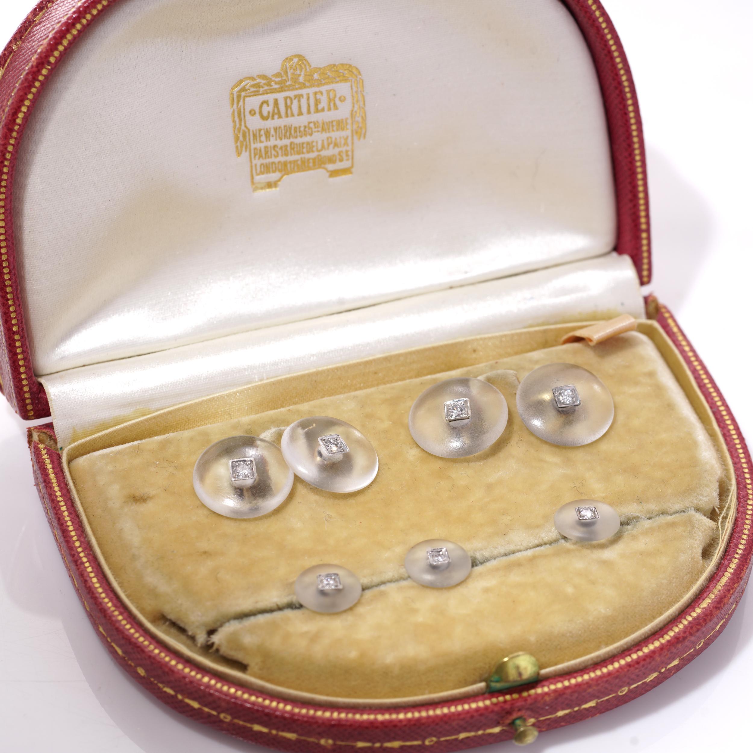 Men's Cartier Art Deco rock crystal cufflink dress set - 14kt. Gold, Platinum For Sale
