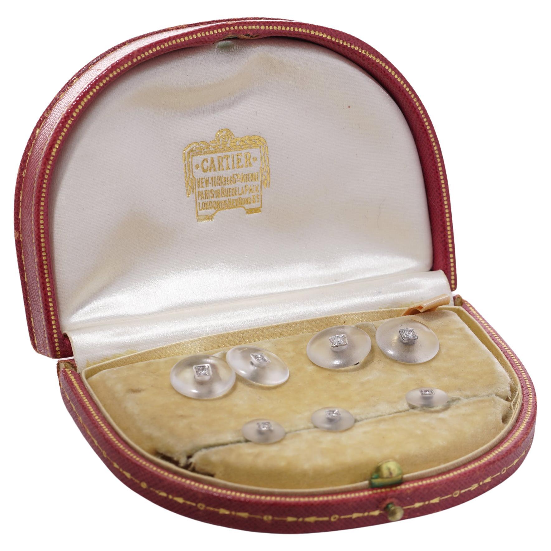 Ensemble de boutons de manchette en cristal de roche de Cartier Art Deco - 14kt. Or, Platine