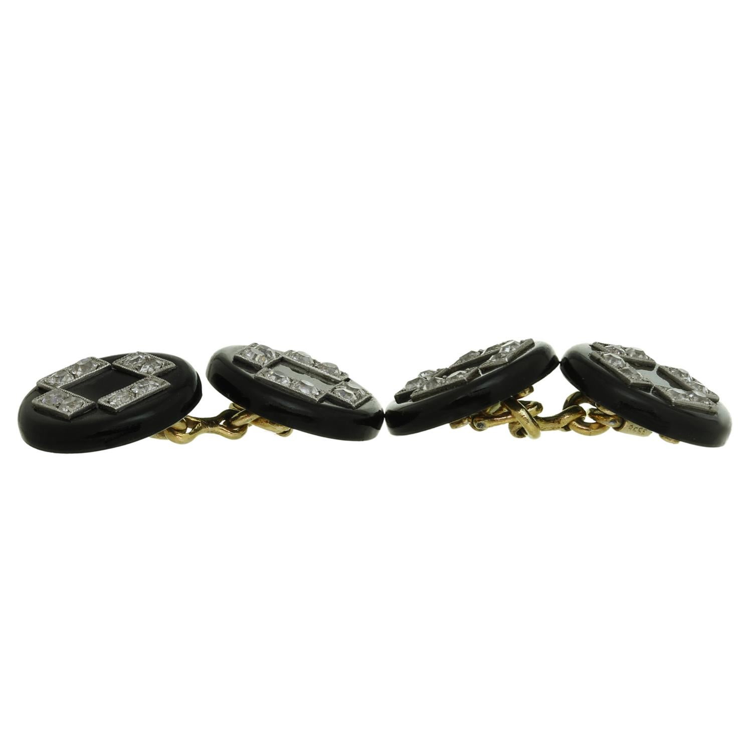 Cartier Art Deco Rose-Cut Diamond Black Onyx Platinum Cufflinks In Good Condition For Sale In New York, NY