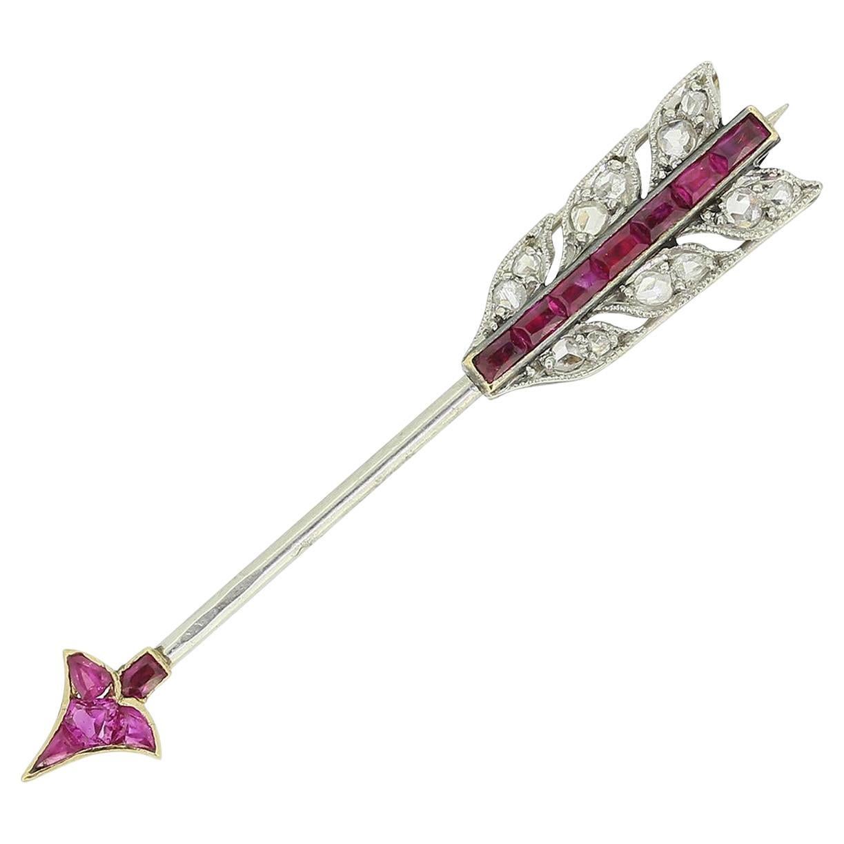 Cartier Art Deco Ruby and Diamond Arrow Jabot Pin For Sale